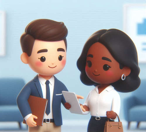 A confident broker interacting with a client while effortlessly managing data on a digital device